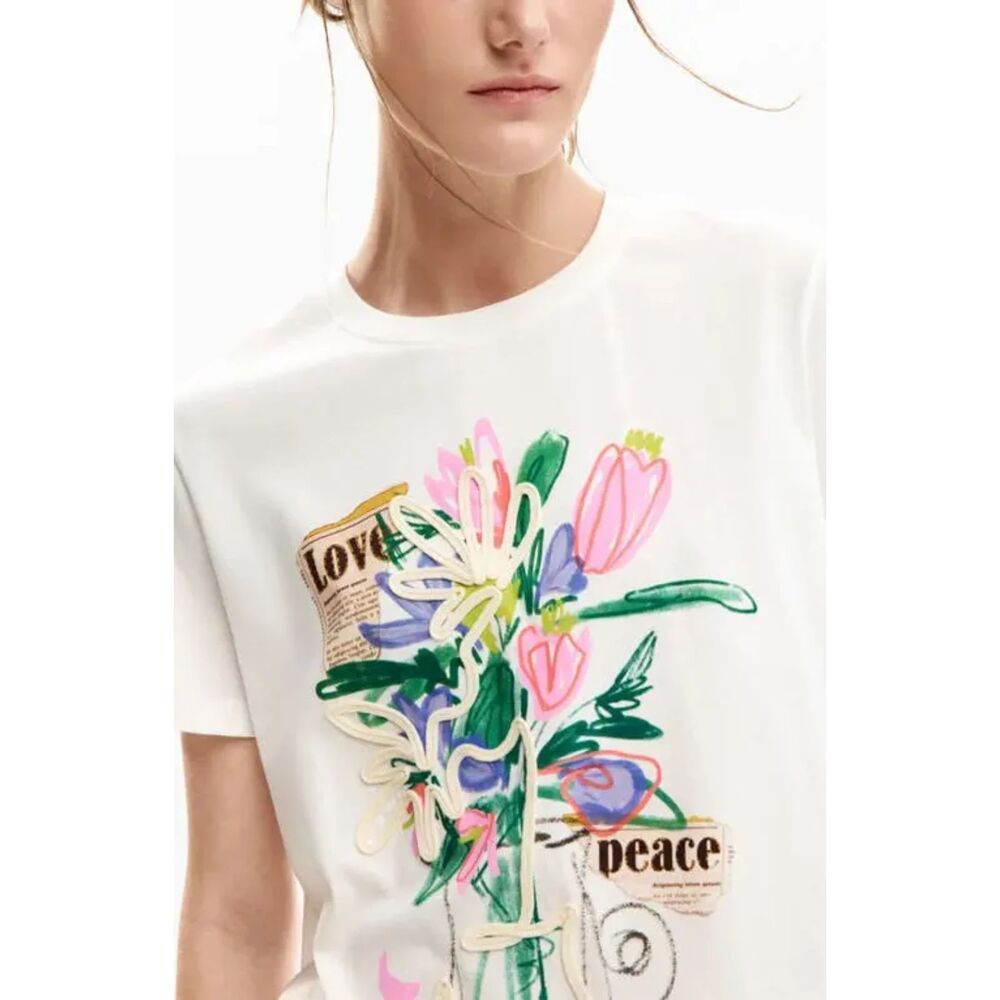 Desigual T Shirt Top Blouse Floral Vase White Mixed Media Art to Wear Boho NWOT
